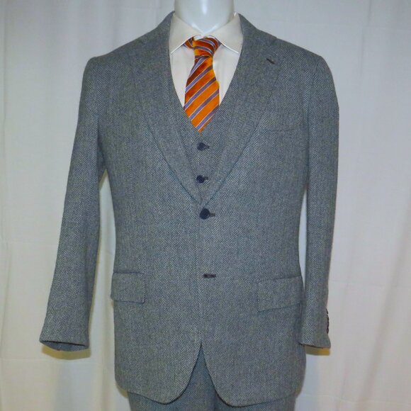 Orazio Luciano Bespoke Pale Bluish Gray Herringbone Tweed Three Piece Suit 42 - Picture 9 of 16